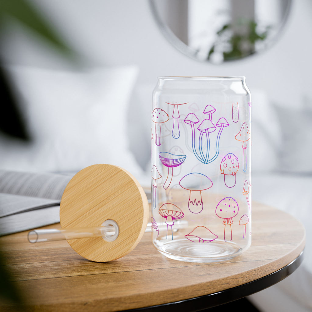 Cute Mushroom Design Sipper Glass, 16oz - Eco-Friendly with Bamboo Lid