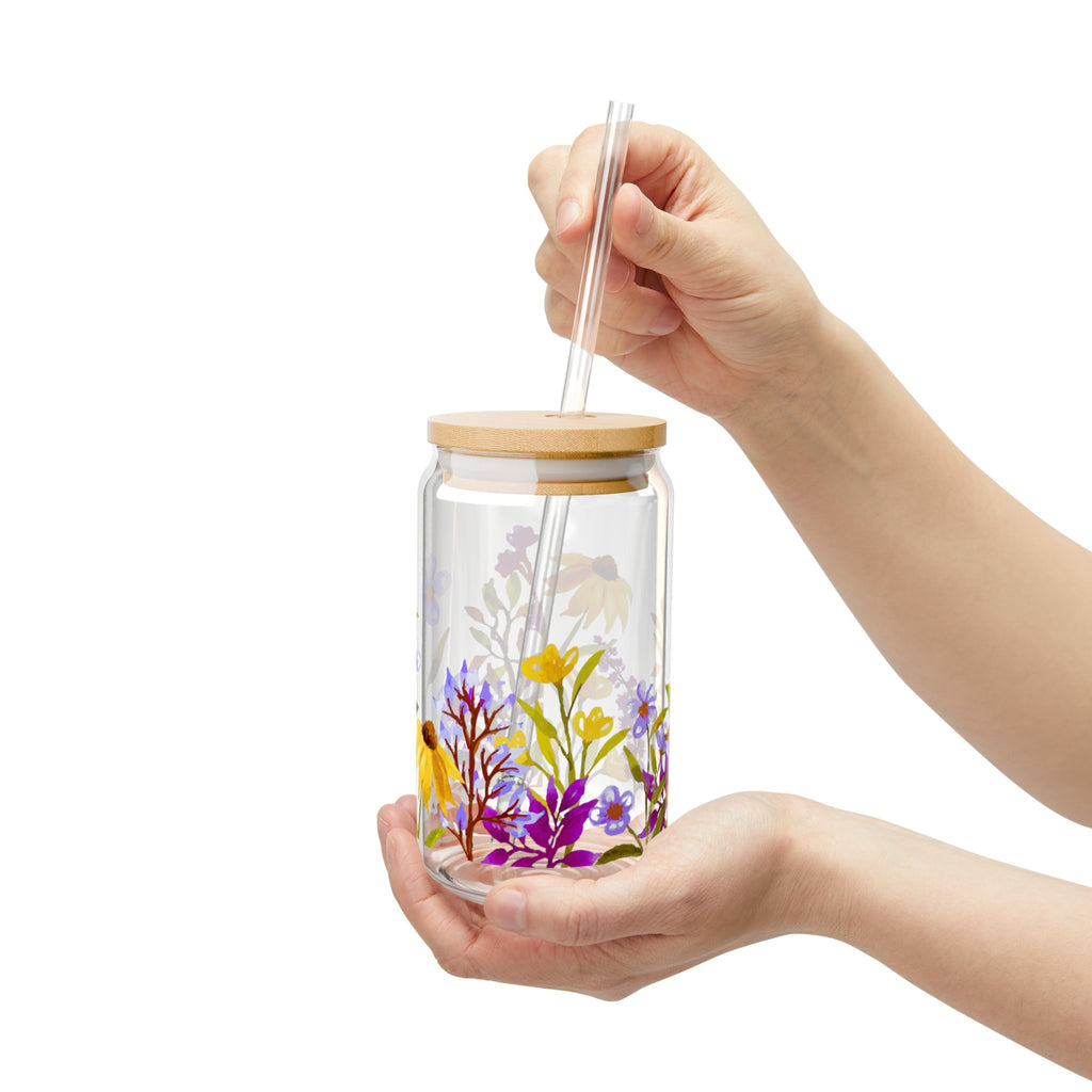 Floral Sipper Glass 16oz with Bamboo Lid - Eco-Friendly Drinkware for Garden Lovers