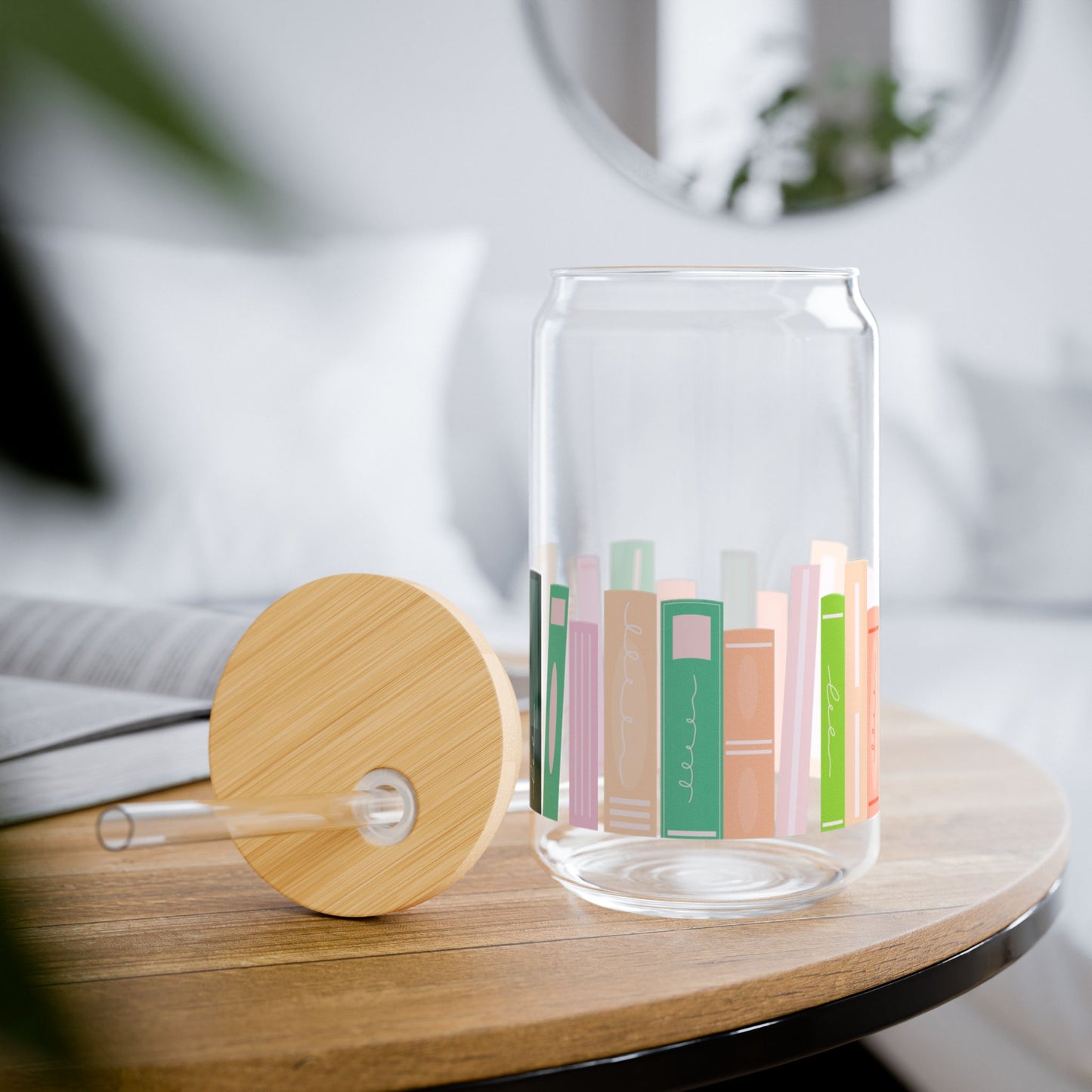 Chic Book Design Eco-Friendly Sipper Glass with Bamboo Lid | 16oz |