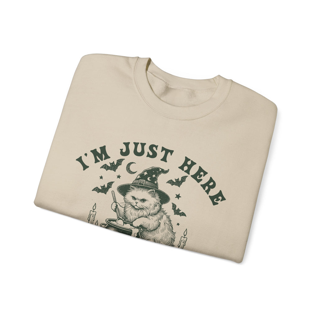 Whimsical Cat Sweatshirt - I'm Just Here to Stir the Pot, Cozy Gift for Cat Lovers, Halloween Apparel, Funny Sweatshirt for Cozy [...]