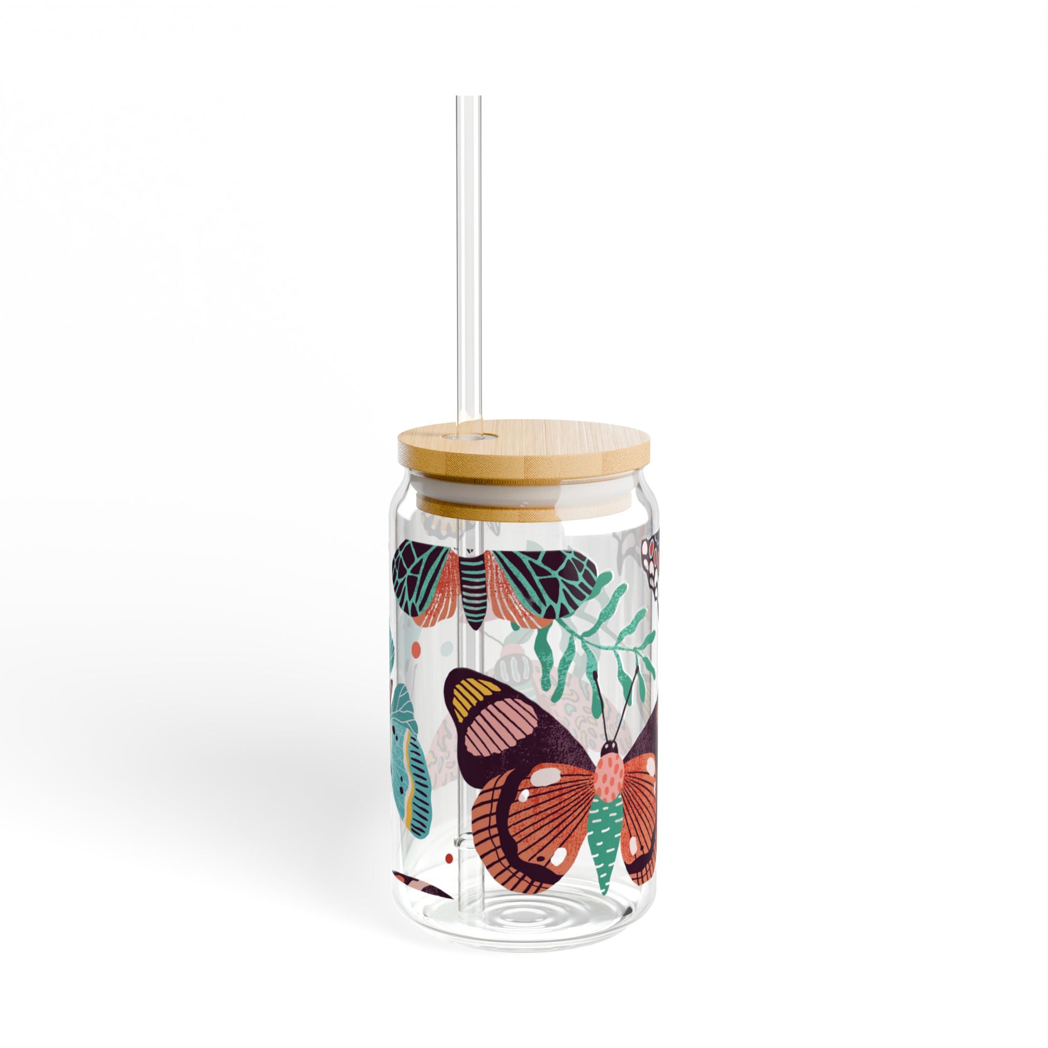 Colorful Butterfly Sipper Glass - 16oz Eco-Friendly Drinkware with Bamboo Lid