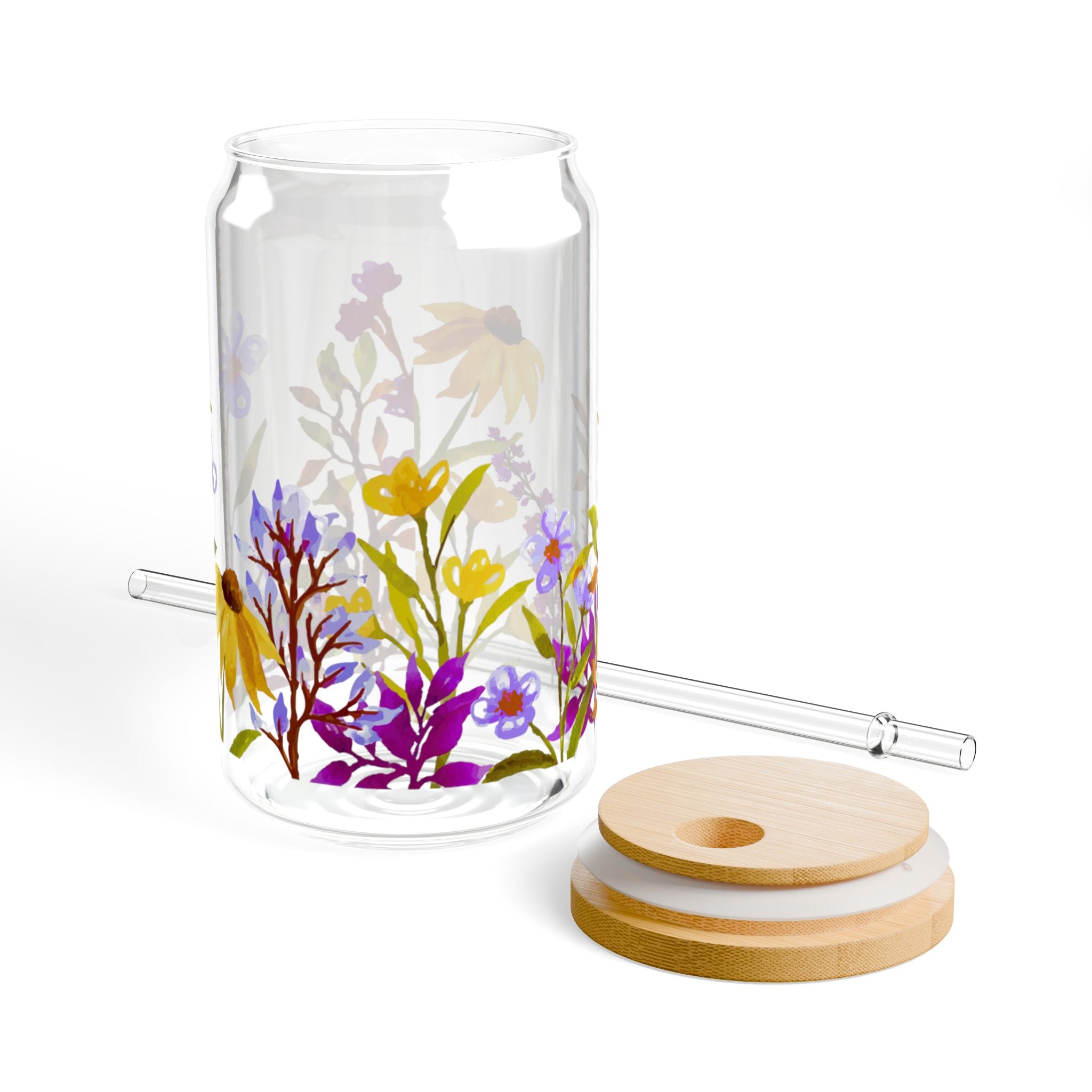 Floral Sipper Glass 16oz with Bamboo Lid - Eco-Friendly Drinkware for Garden Lovers