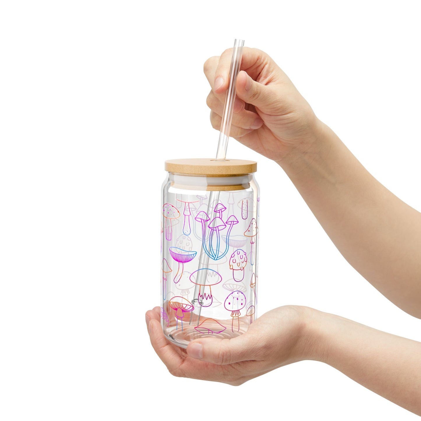 Cute Mushroom Design Sipper Glass, 16oz - Eco-Friendly with Bamboo Lid