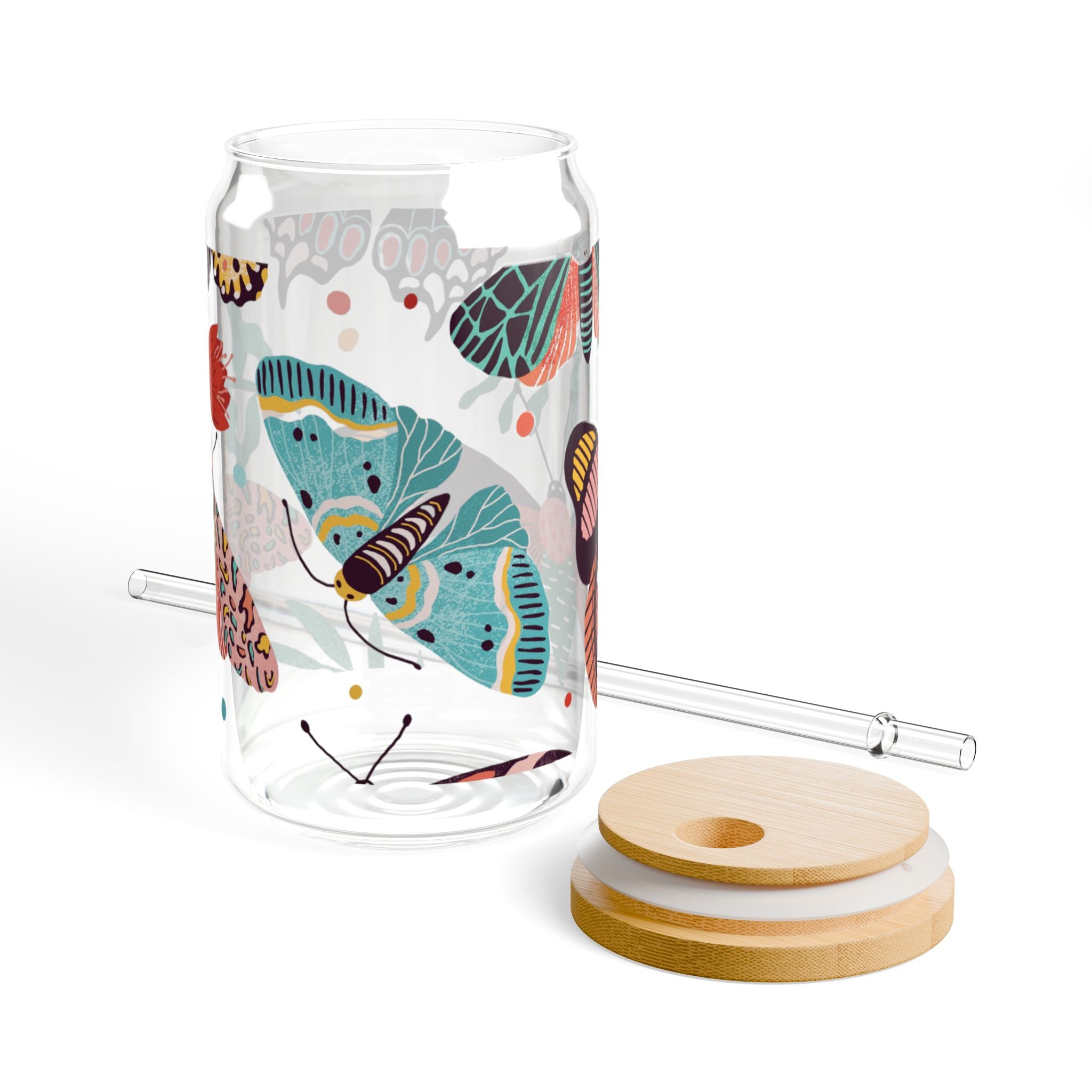 Colorful Butterfly Sipper Glass - 16oz Eco-Friendly Drinkware with Bamboo Lid