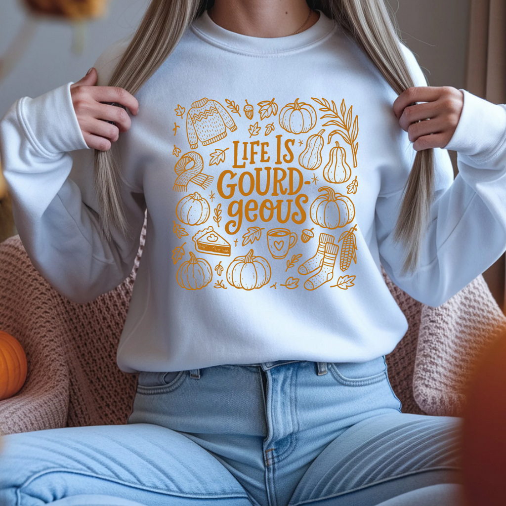 Fall-Themed Crewneck Sweatshirt - 'Life is Gourd-geous', Cozy Apparel, Autumn Outfit, Thanksgiving Gift, Harvest Season Wear