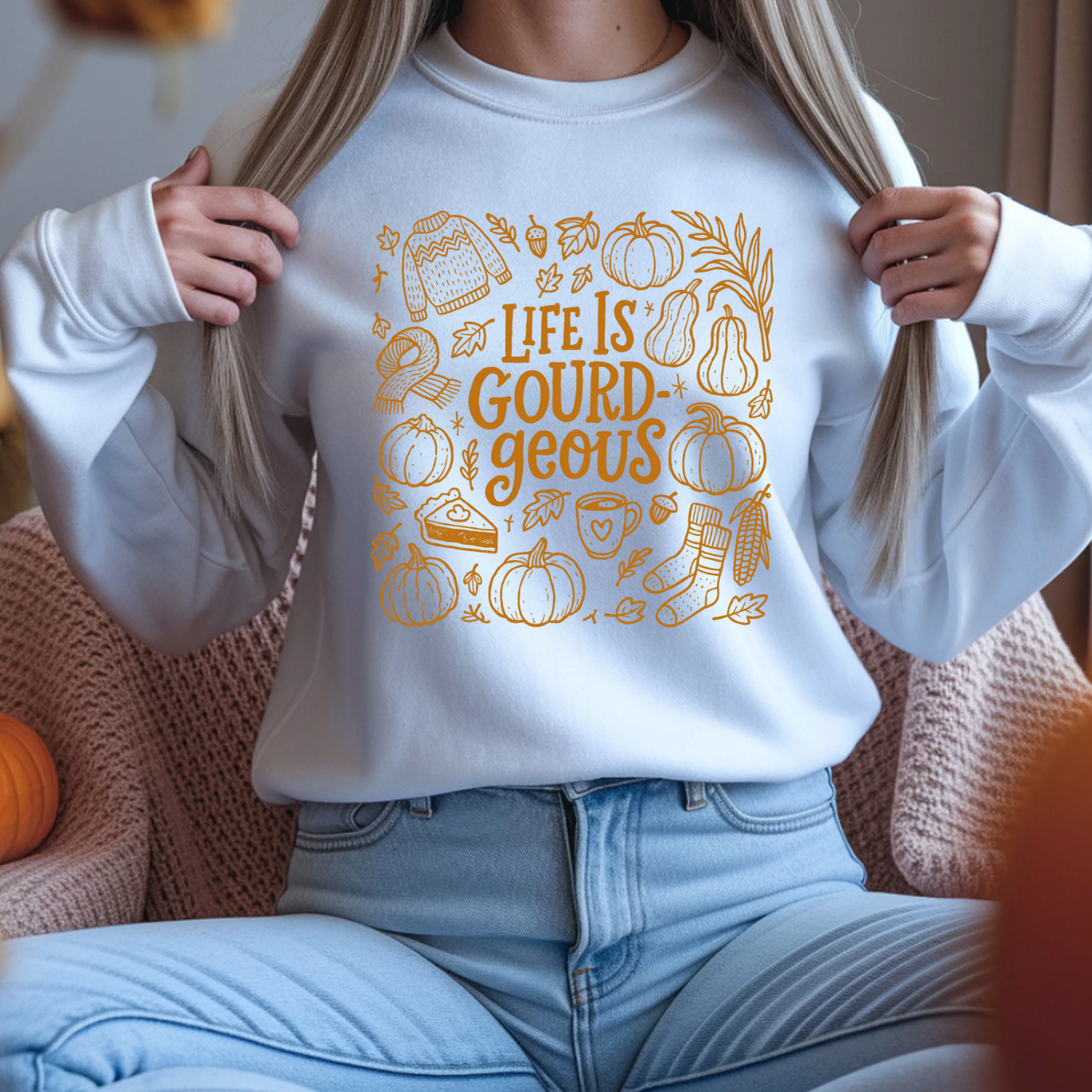 Fall-Themed Crewneck Sweatshirt - 'Life is Gourd-geous', Cozy Apparel, Autumn Outfit, Thanksgiving Gift, Harvest Season Wear