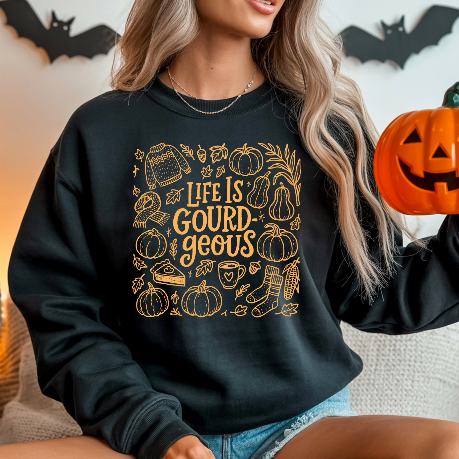 Fall-Themed Crewneck Sweatshirt - 'Life is Gourd-geous', Cozy Apparel, Autumn Outfit, Thanksgiving Gift, Harvest Season Wear