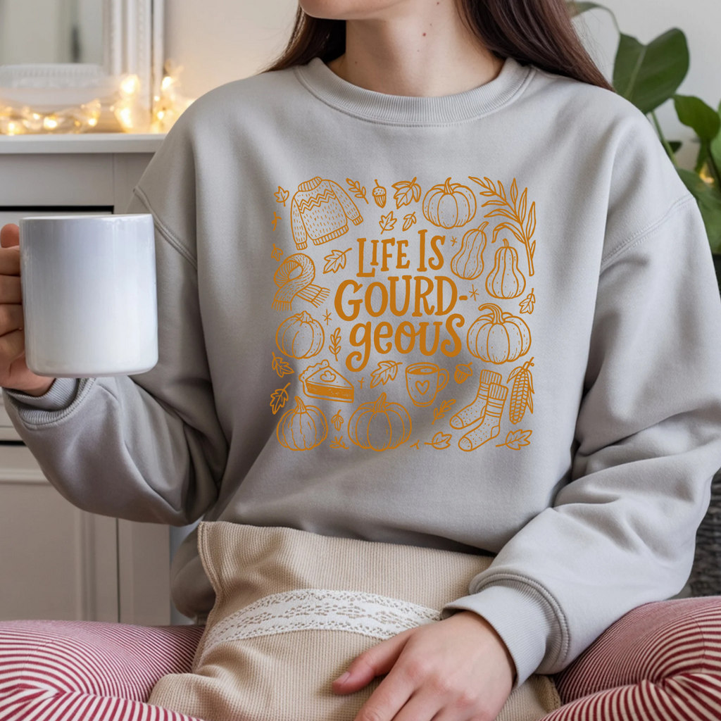 Fall-Themed Crewneck Sweatshirt - 'Life is Gourd-geous', Cozy Apparel, Autumn Outfit, Thanksgiving Gift, Harvest Season Wear
