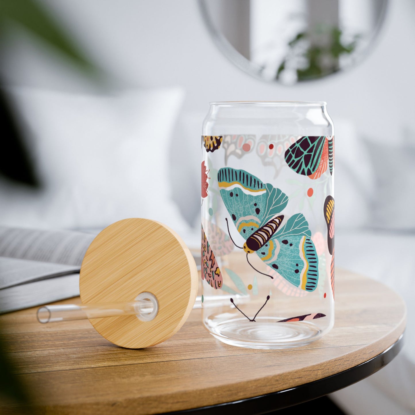 Colorful Butterfly Sipper Glass - 16oz Eco-Friendly Drinkware with Bamboo Lid