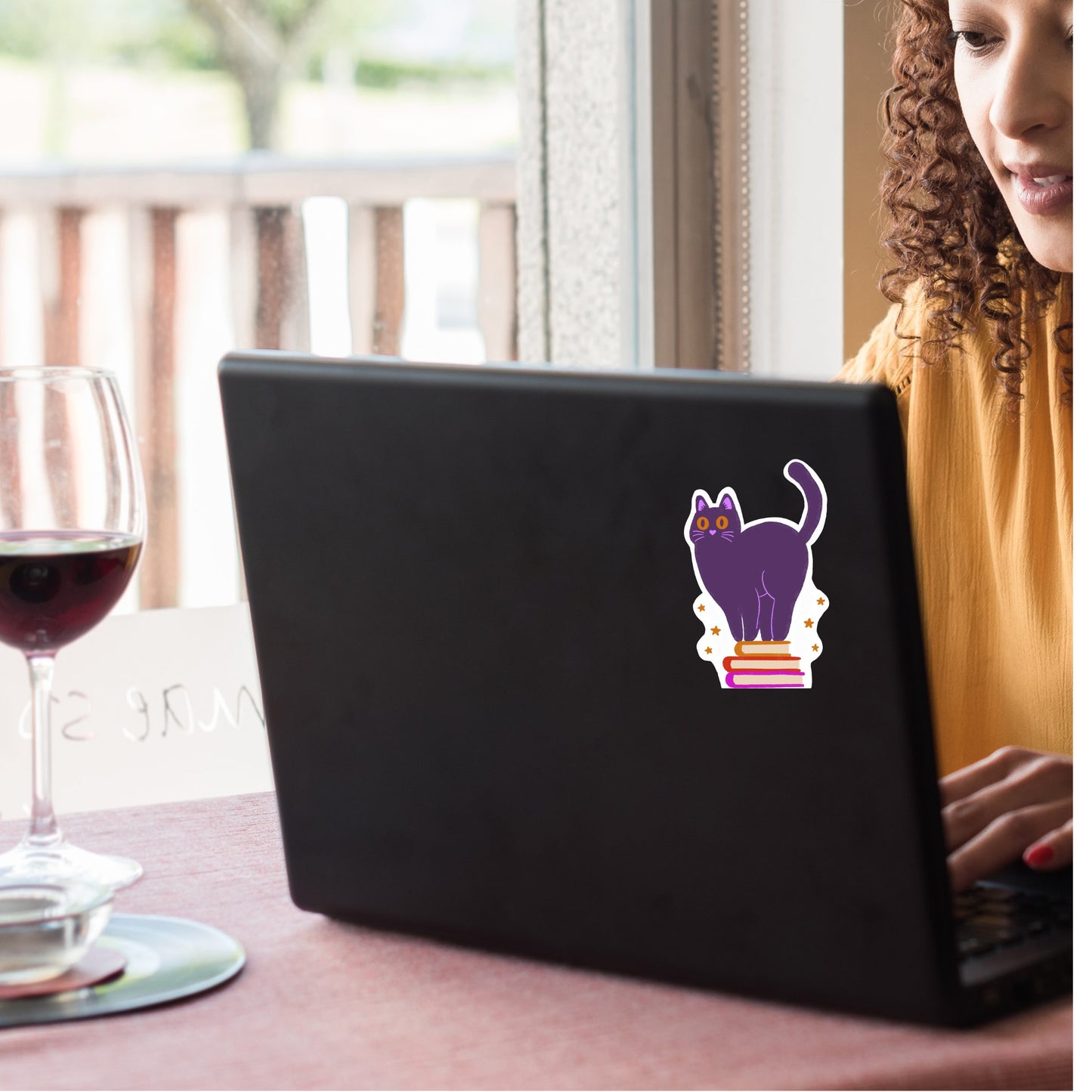 Black Cat on Books Sparkly Vinyl Sticker