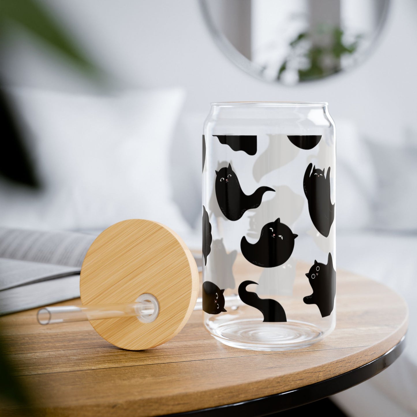 Cute Ghost-Cat 16oz Sipper Glass with Straw