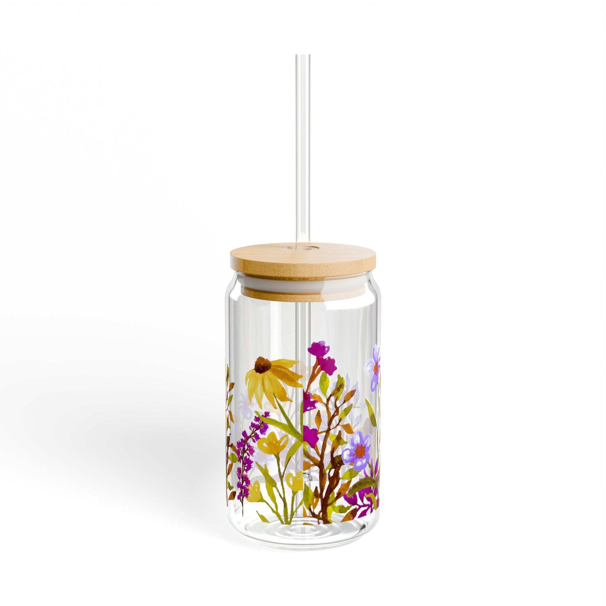 Floral Sipper Glass 16oz with Bamboo Lid - Eco-Friendly Drinkware for Garden Lovers