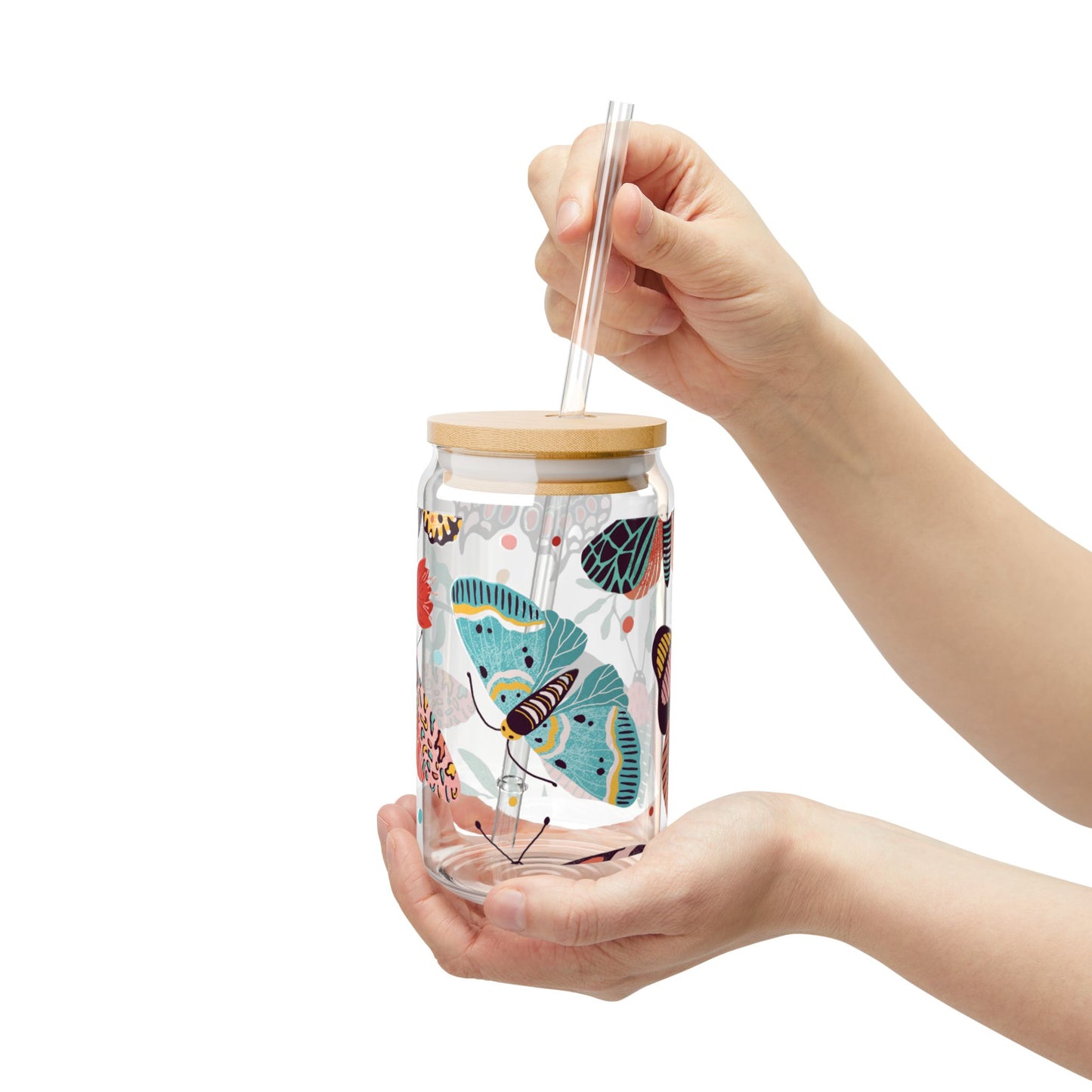 Colorful Butterfly Sipper Glass - 16oz Eco-Friendly Drinkware with Bamboo Lid