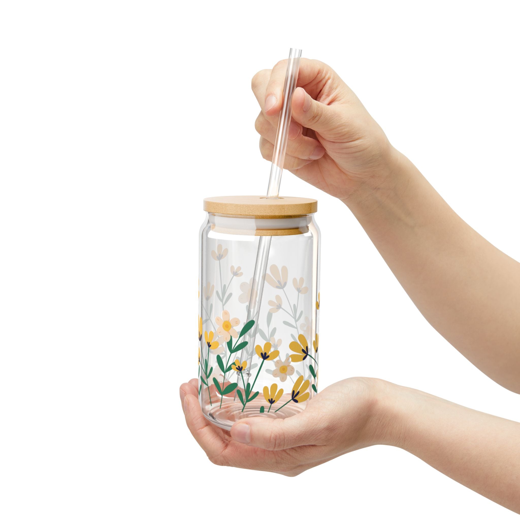 Floral Sipper Glass - 16oz Eco-Friendly Drinkware with Straw