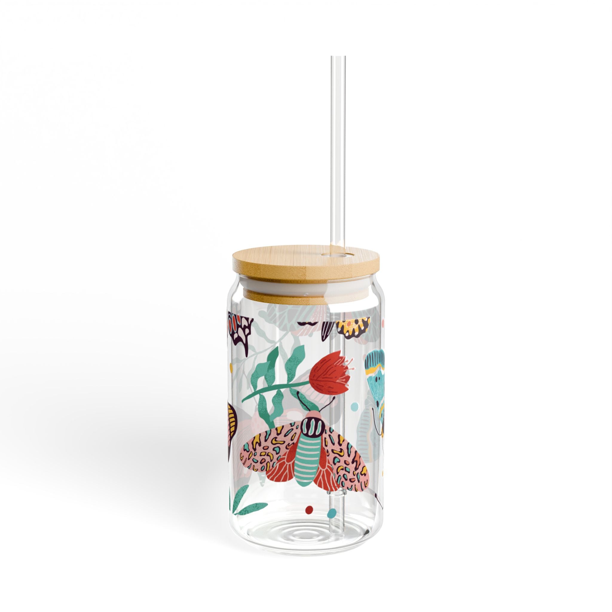 Colorful Butterfly Sipper Glass - 16oz Eco-Friendly Drinkware with Bamboo Lid
