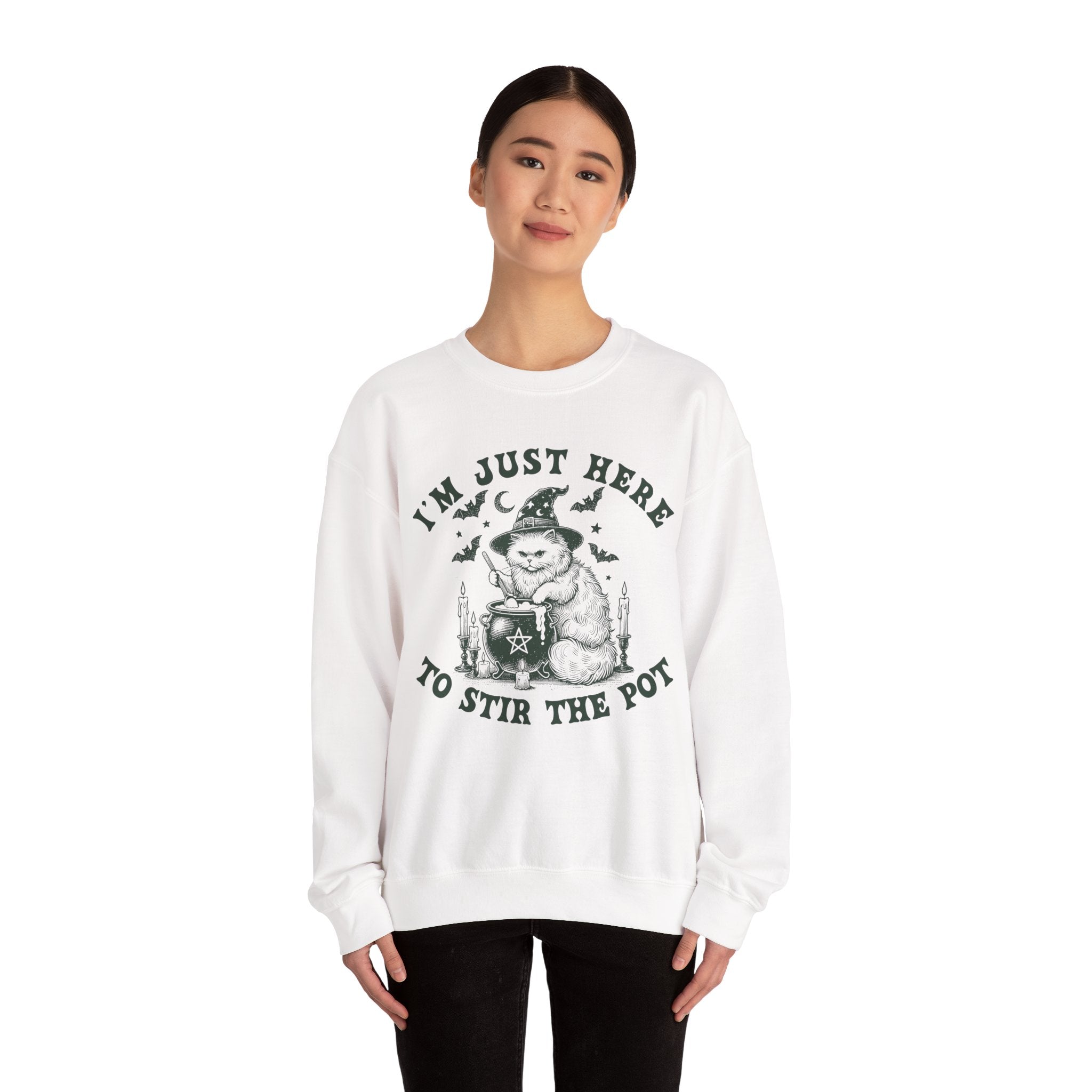 Whimsical Cat Sweatshirt - I'm Just Here to Stir the Pot, Cozy Gift for Cat Lovers, Halloween Apparel, Funny Sweatshirt for Cozy [...]