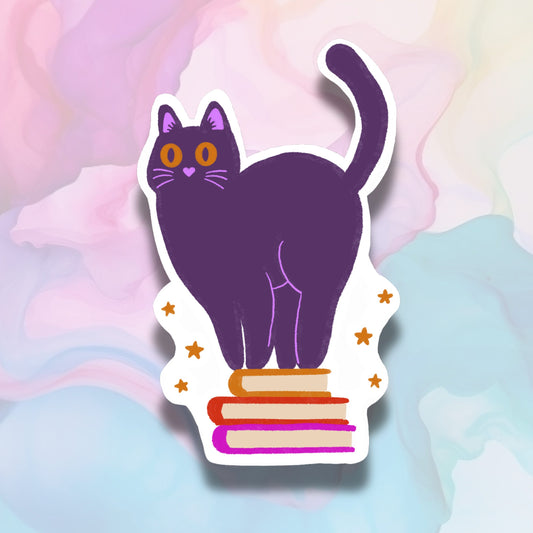 Black Cat on Books Sparkly Vinyl Sticker