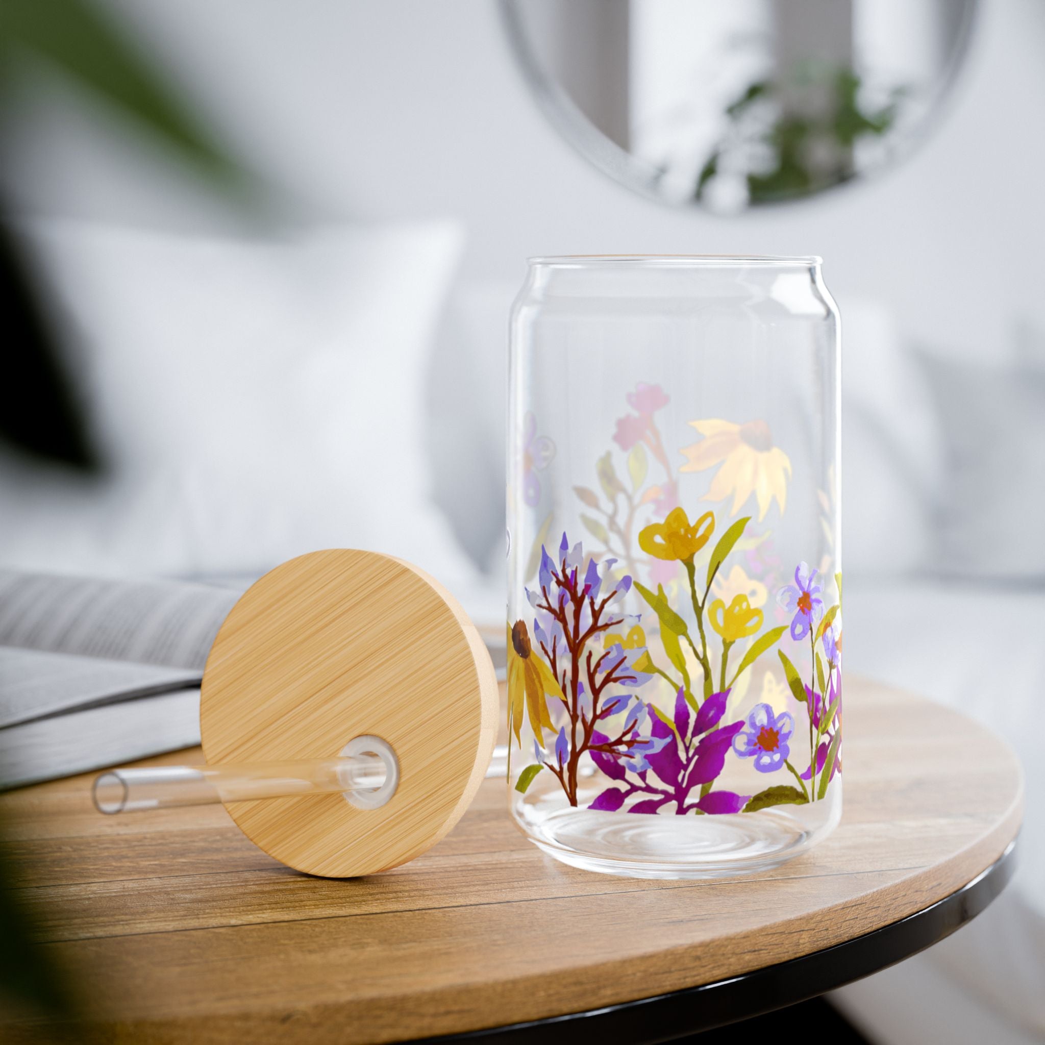Floral Sipper Glass 16oz with Bamboo Lid - Eco-Friendly Drinkware for Garden Lovers