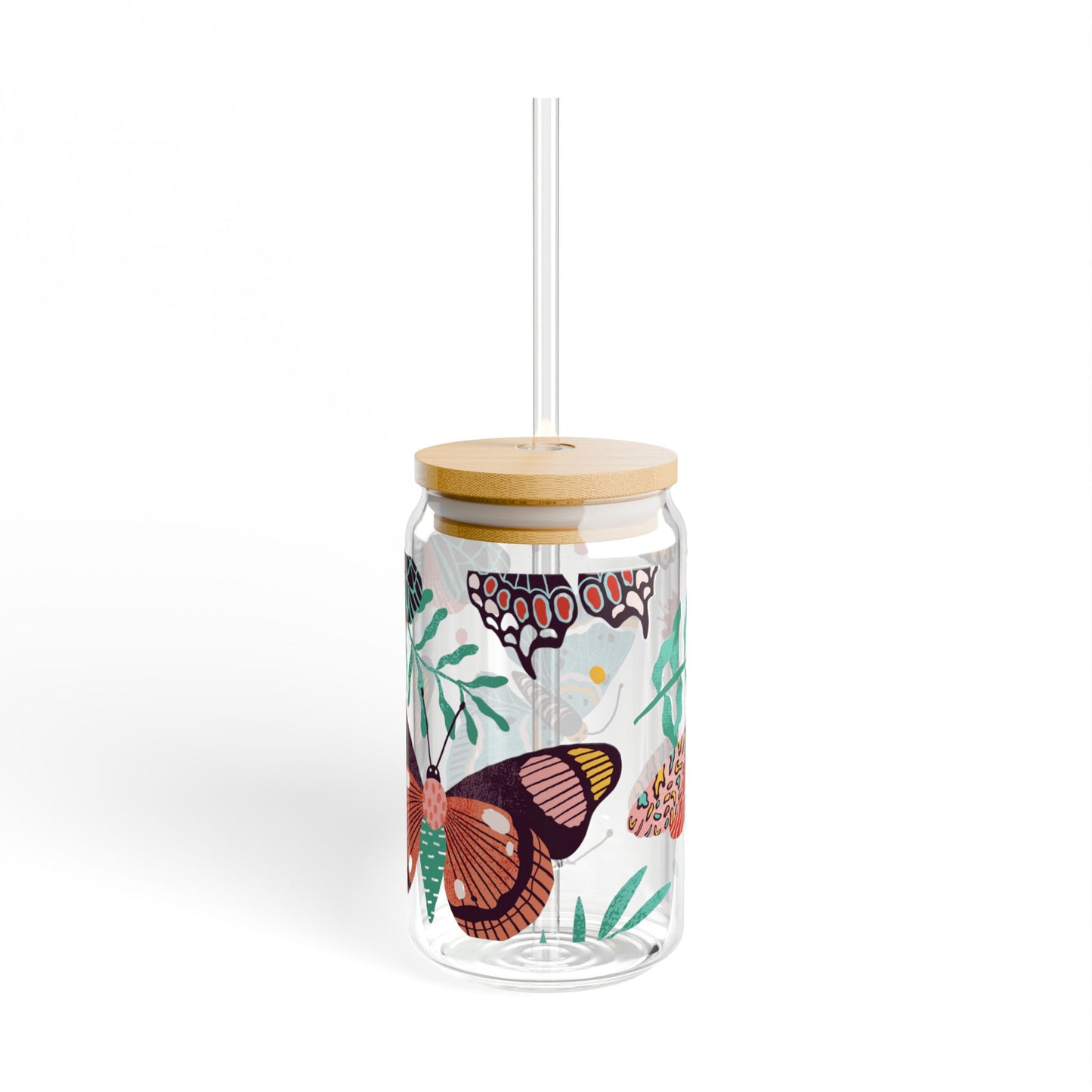 Colorful Butterfly Sipper Glass - 16oz Eco-Friendly Drinkware with Bamboo Lid