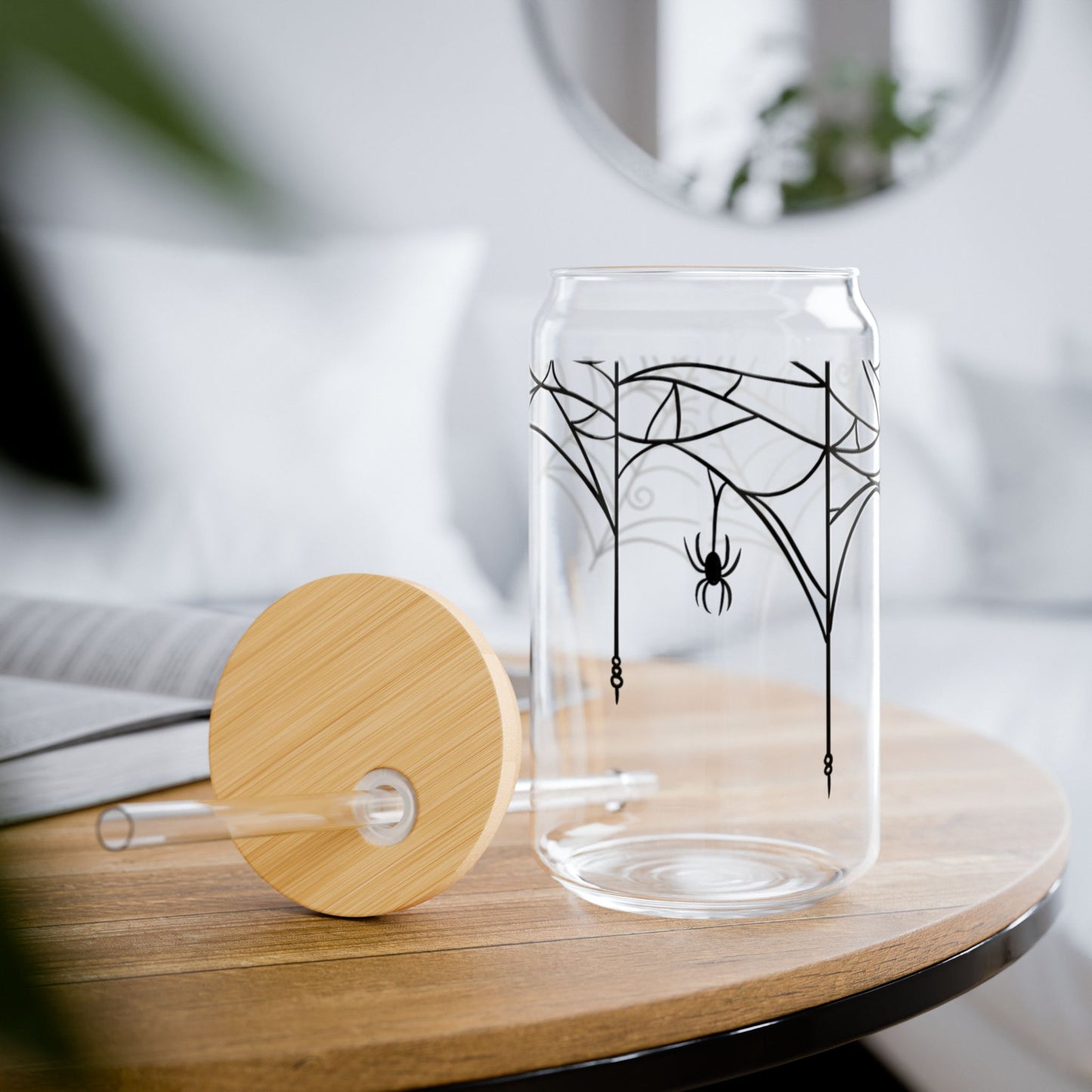 Halloween Spider Sipper Glass, 16oz with Bamboo Lid and Straw